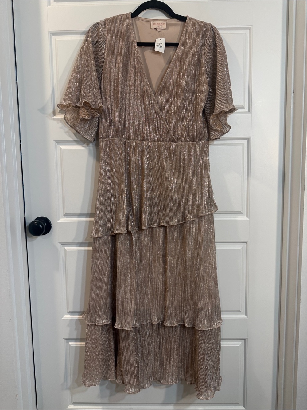 Ciebon Shimmering Champagne Pleated Crinkle Tiered dress medium NWT
